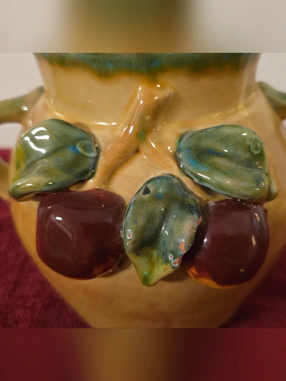 Vintage Double-Handled Apple & Leaf Relief Majolica-Style Pottery Vase